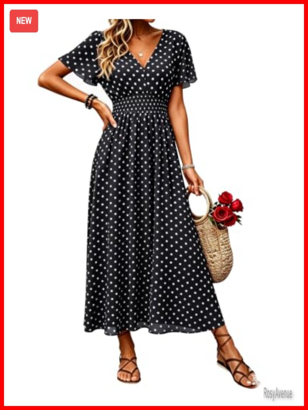 Chiffon Polka Dot Maxi Dress V-Neck Empire Waist Flutter Sleeve